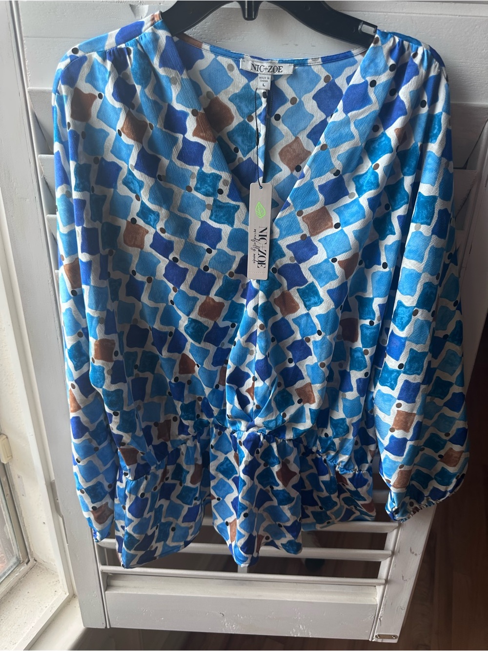 NIC+ZOE Blue and Brown Geometric Drawstring Tunic